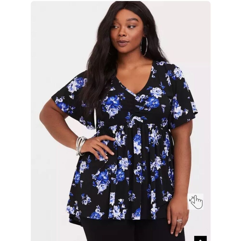 EUC torrid Studio Knit Black Floral Cinch Front Babydoll Top - Size 2